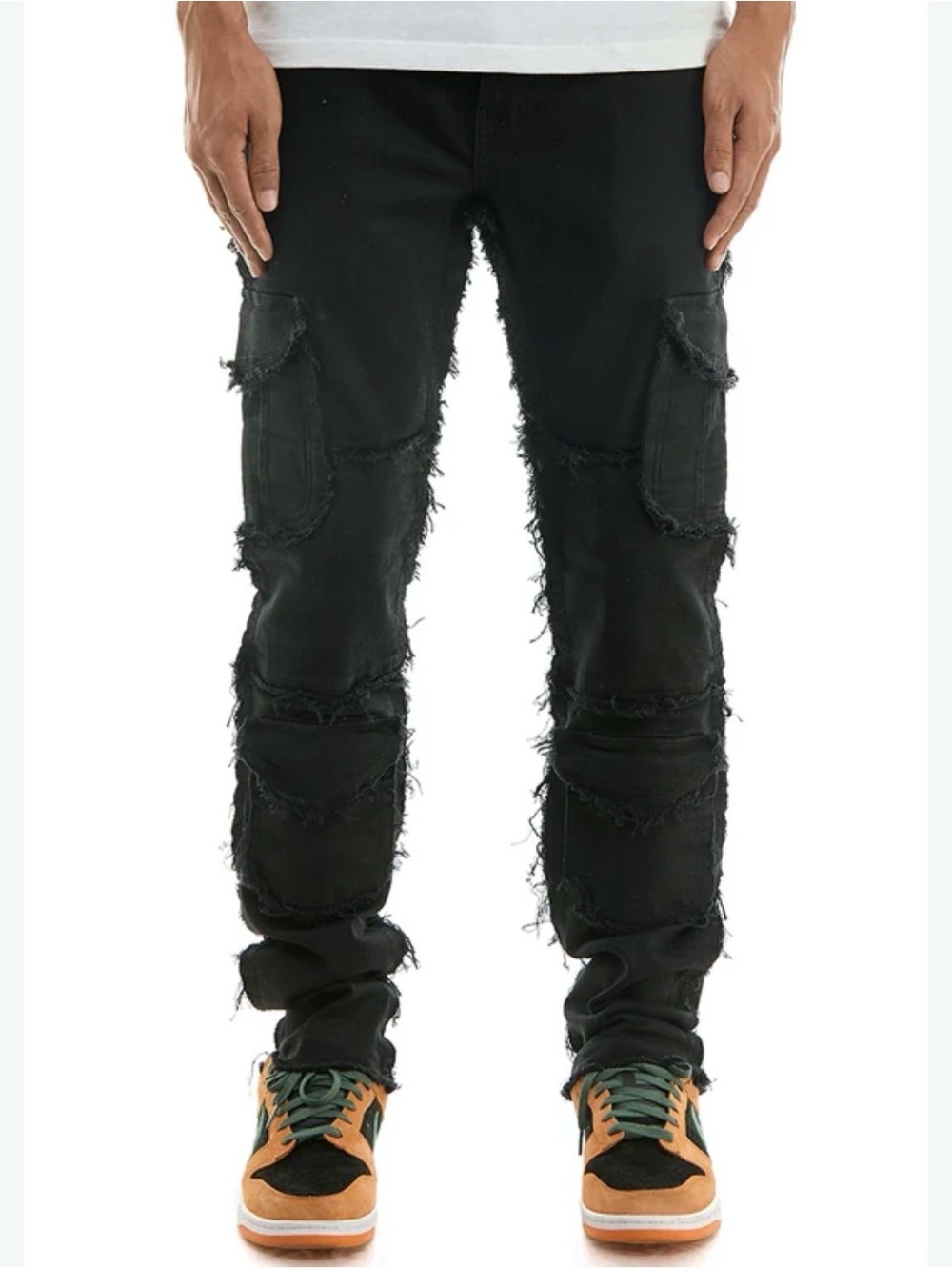 Men's Slim Black Distressed Cargo Jeans - Frayed Utility Style